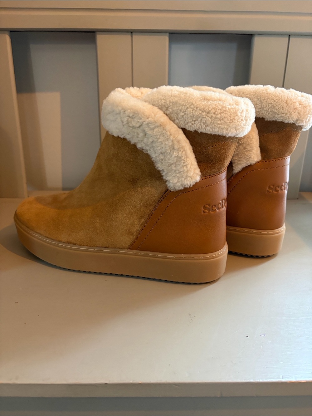 See by Chloe Shearling-Lined Suede Juliet Ankle Boot Camel size 42/US 11